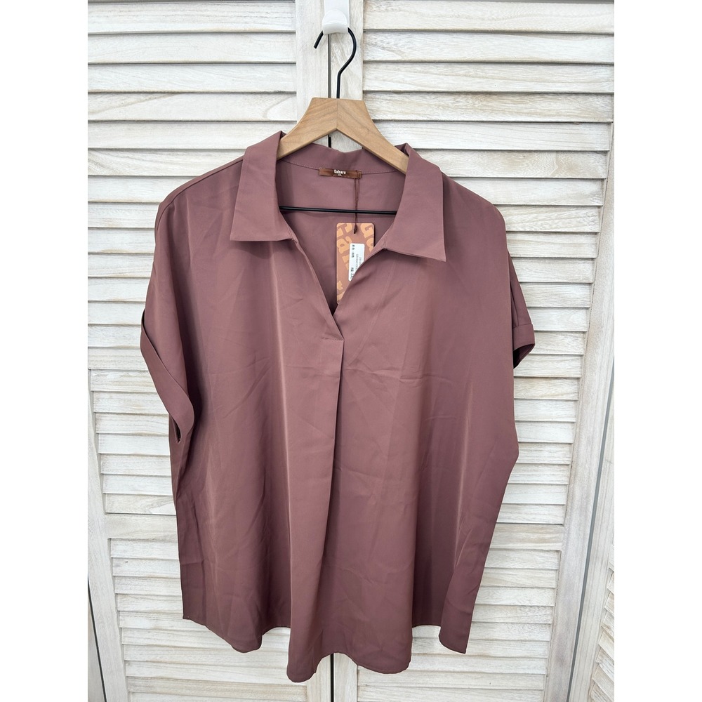 Gaharu Short Sleeve Blouse XXL Brown Mauve Top Work Casual V-Neck Top